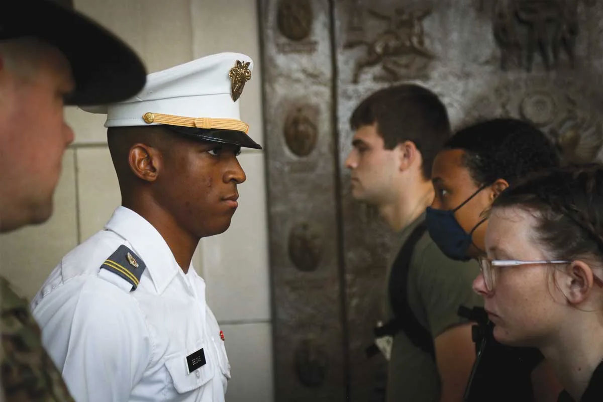 Newly arriving cadets are greeted by a cadet upperclassman who will oversee their initial inprocessing 26 June 2021 at West Point, New York