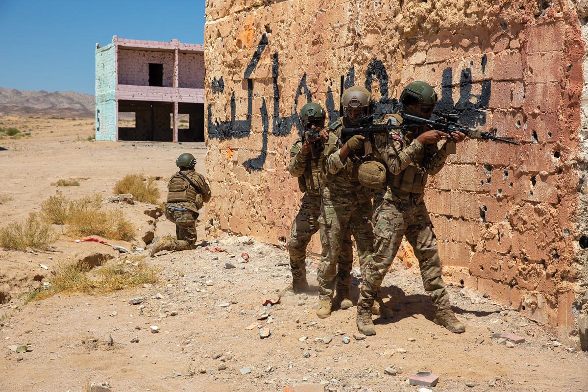Marines with 2nd Battalion, 5th Marines, 1st Marine Division, and the Jordanian Armed Forces conduct clearing exercises during Intrepid Maven 23.4 on 11 July 2023 in Jordan