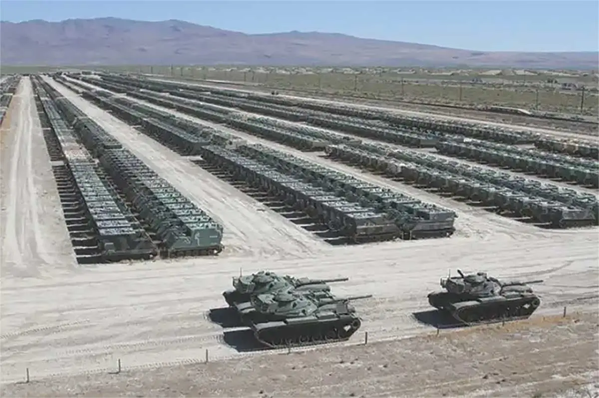 The long-term storage section of Sierra Army Depot, California. Hundreds of M113 variants seem to stretch to the horizon