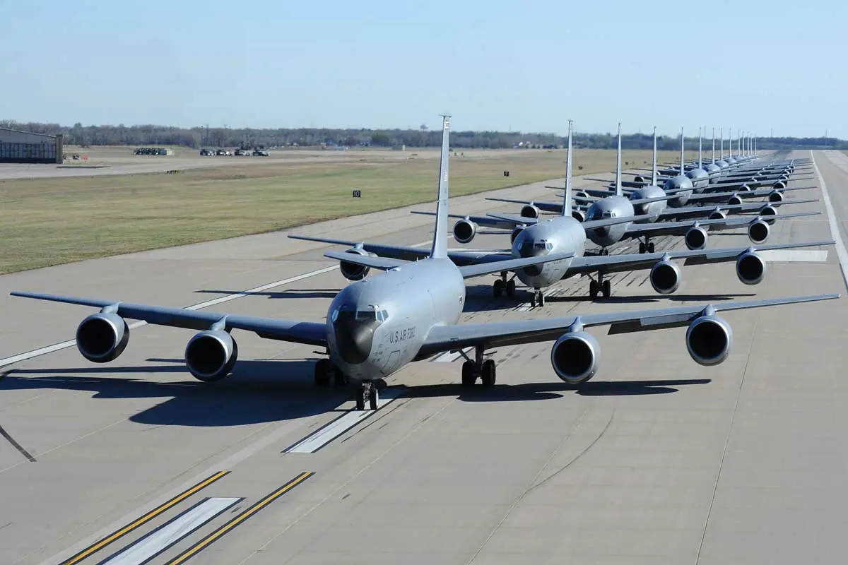 Fourteen KC-135 Stratotankers line up during a simulated alert call 24 March 2016 at McConnell Air Force Base, Kansas