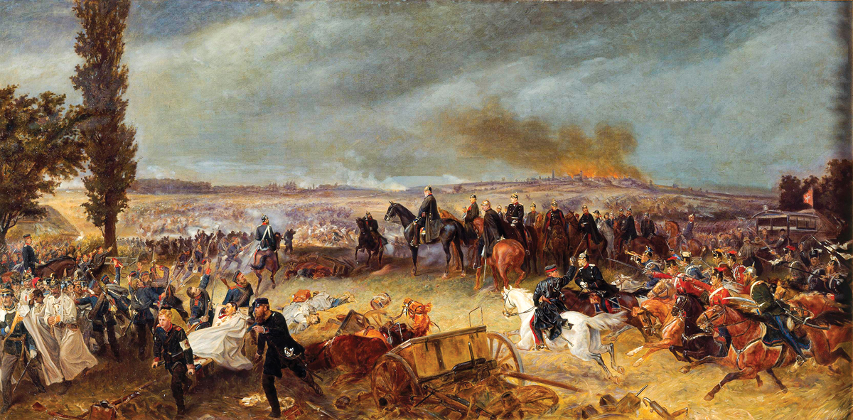 Historical battle scene painting depicting numerous military figures on horseback, with a backdrop of smoke and chaos from an ongoing battle.