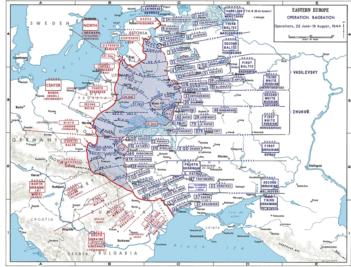 Detailed map of Eastern Europe showing military divisions and movements during Operation Bagration, June-August 1944, with annotations and boundaries.