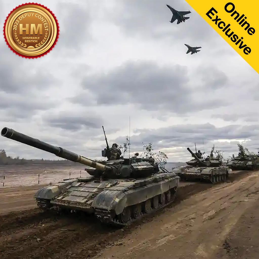 Military tanks lined up on a muddy road with fighter jets flying overhead, marked as 'Online Exclusive' in the corner.