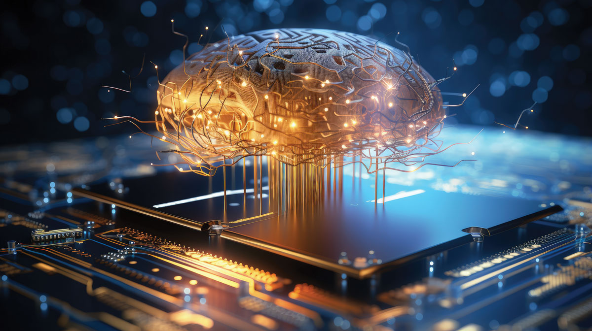 A 3D-rendered illustration of modern machine learning with neural network and coding
