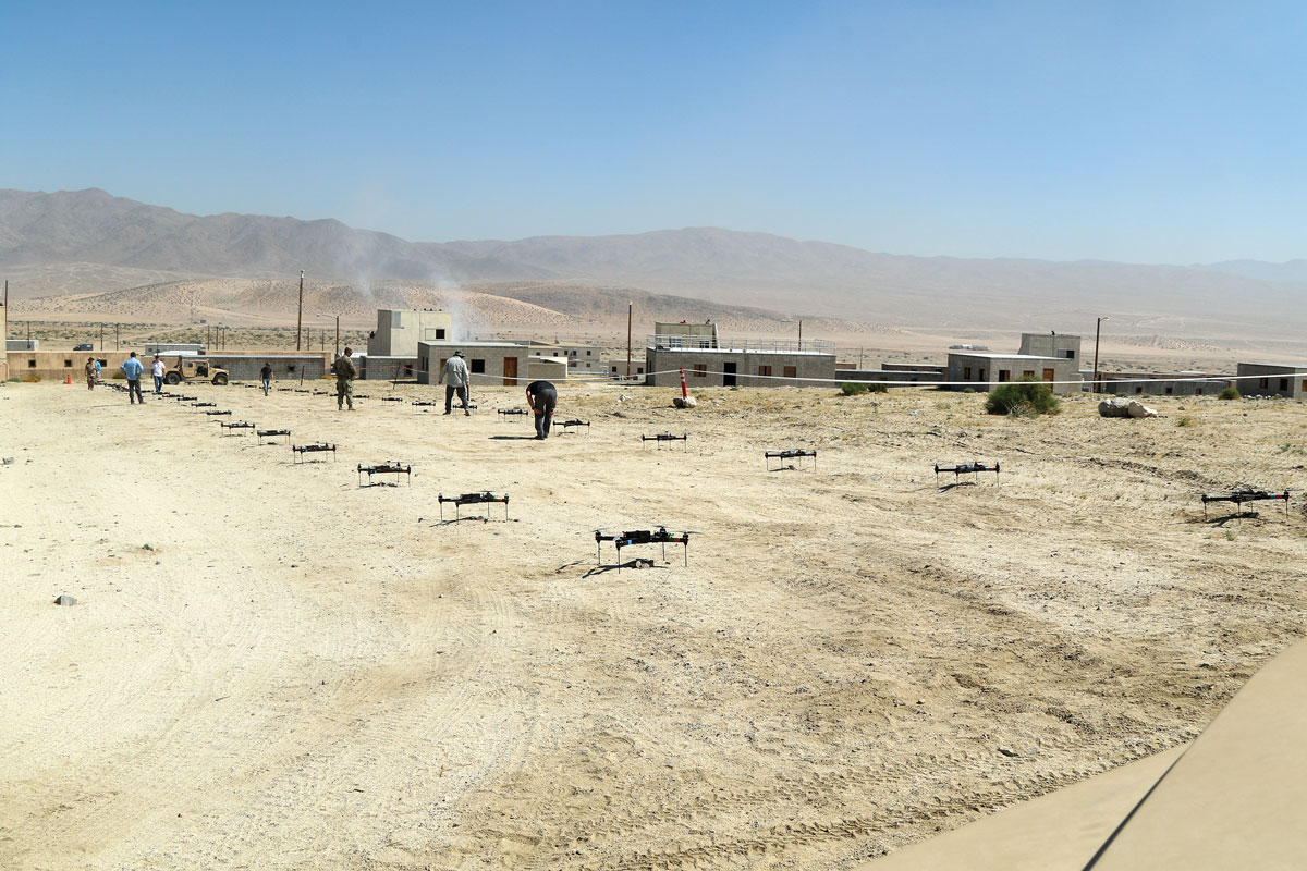 The 11th Armored Cavalry Regiment and the Threat Systems Management Office maintain a swarm of more than forty drones to test the rotational unit’s antiair capabilities during the battle of Razish at the National Training Center, Fort Irwin, California, on 8 May 2019. This exercise was the first of many held at the National Training Center
