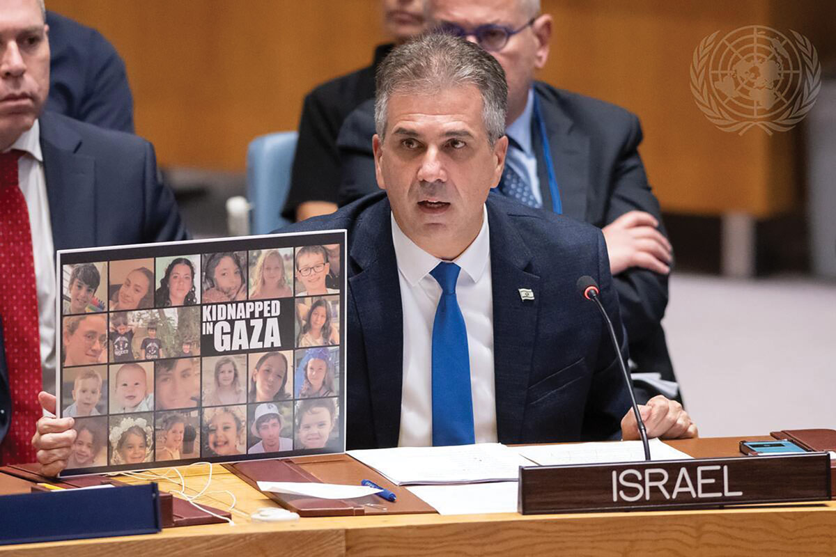 Eli Cohen, Israel’s former foreign affairs minister, addresses the UN Security Council