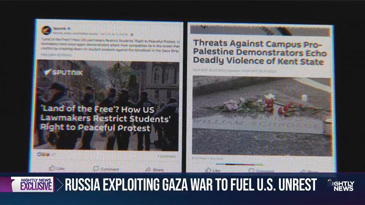 news feature titled Russia Is Trying to Exploit America’s Divisions over the War in Gaza