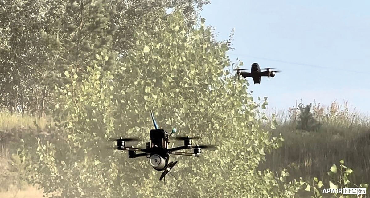 The Ukrainian 25th Sicheslavska Brigade demonstrates their improvised first-person-view strike drones on 21 July 2023