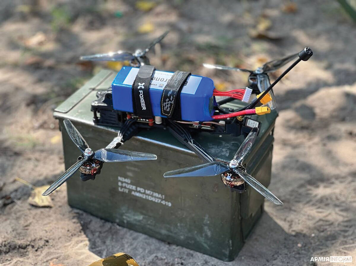 A Ukrainian loitering munition made using a first-person-view drone is ready for employment on 21 September 2023