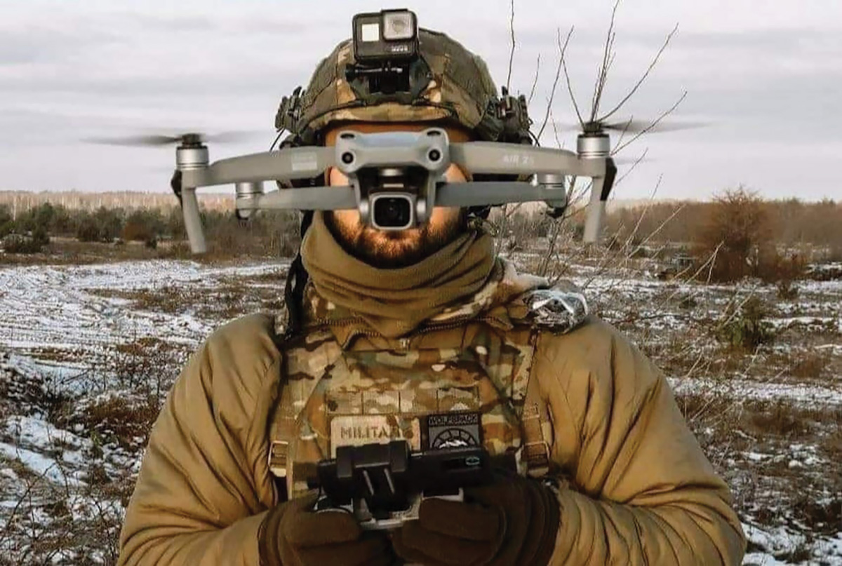 In an undated photo, a Ukrainian soldier is shown with a commercial quadcopter unmanned aircraft