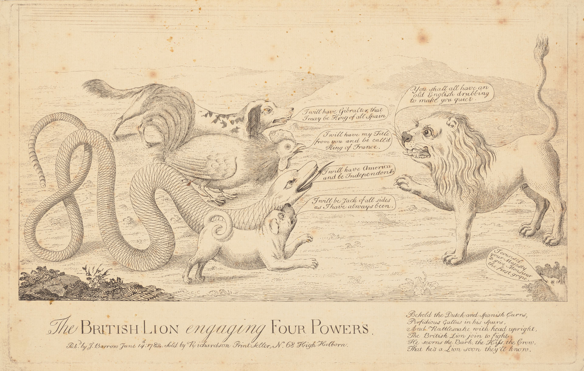 18th-century engraving of a British lion confronting a four-headed beast symbolizing European powers