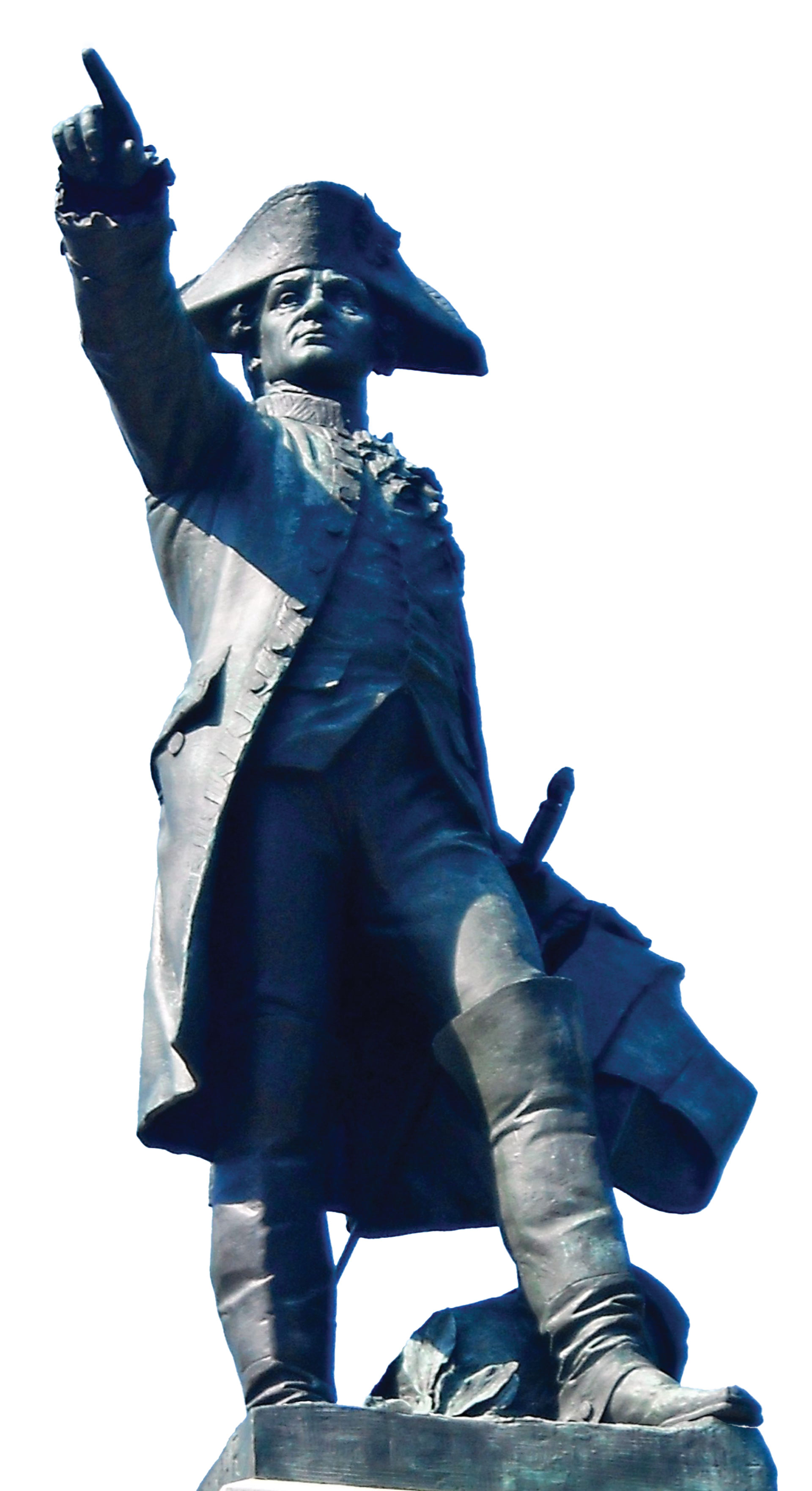 Bronze statue of a uniformed military officer pointing upward