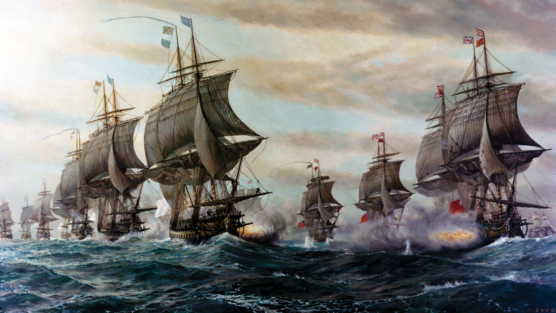 Eighteenth-century sailing warships exchanging cannon fire on the high seas