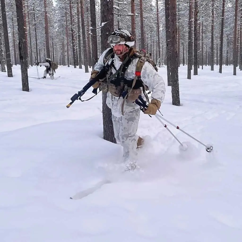 1st Battalion, 24th Infantry Regiment soldiers cross train on skis with Finnish RK 62 rifles during exercise Arctic Forge 2023 in Finland.