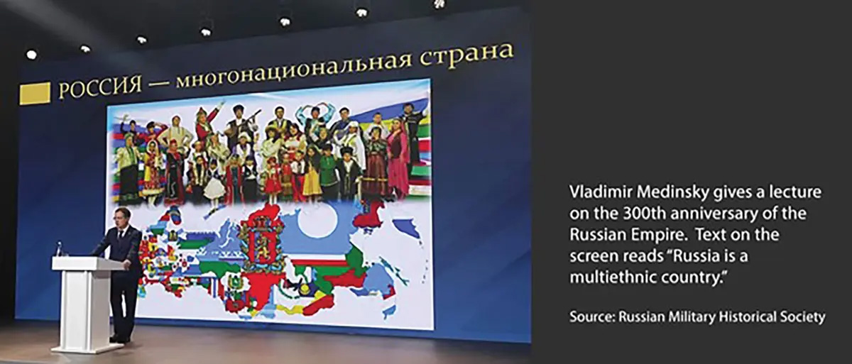 Vladimir Medinsky, head of the influential Russian Military Historical Society and de facto minister of culture, gives a lecture 22 February 2022 on the three hundredth anniversary of the Russian Empire