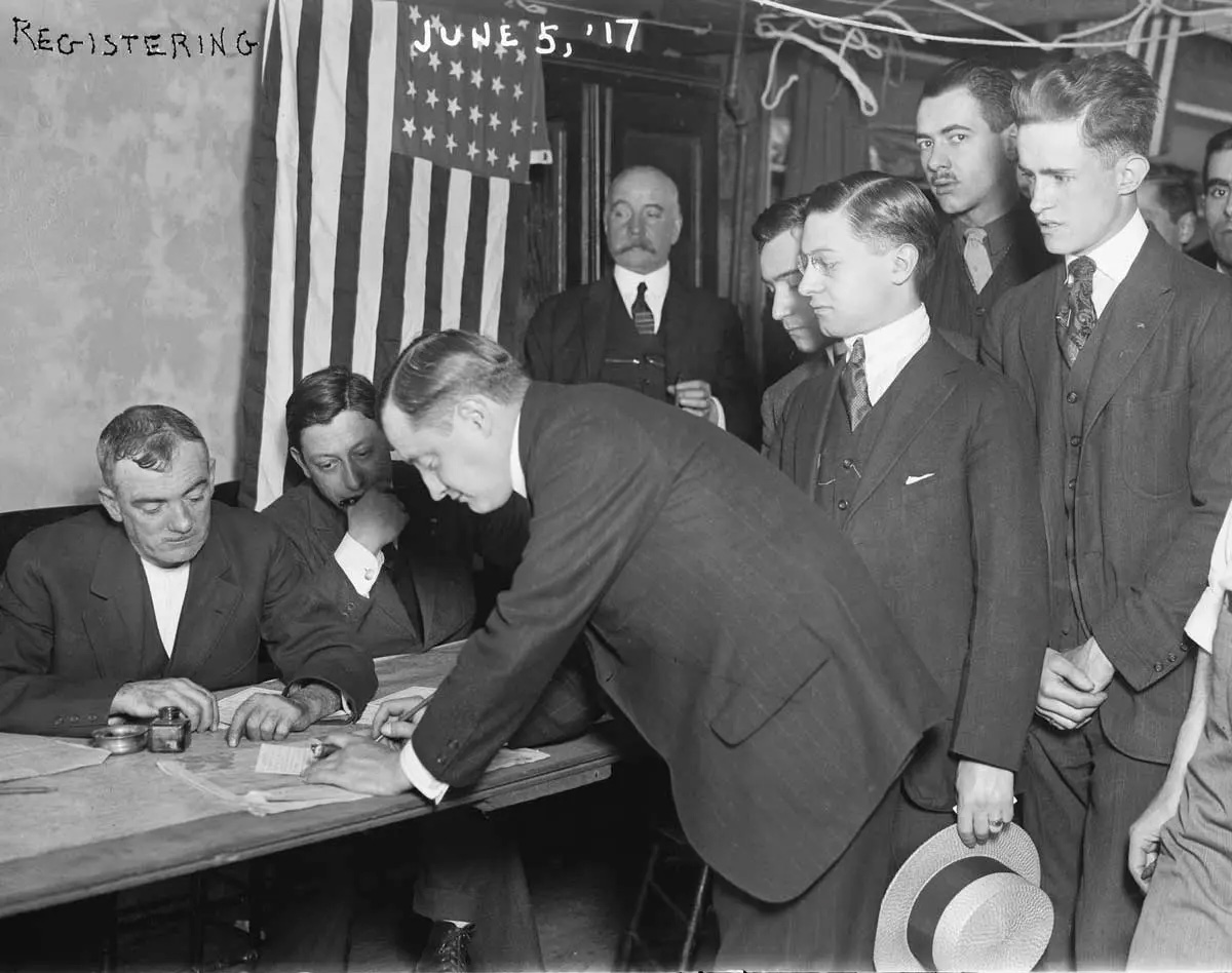 Young men registering for military conscription on 5 June 1917 in New York City