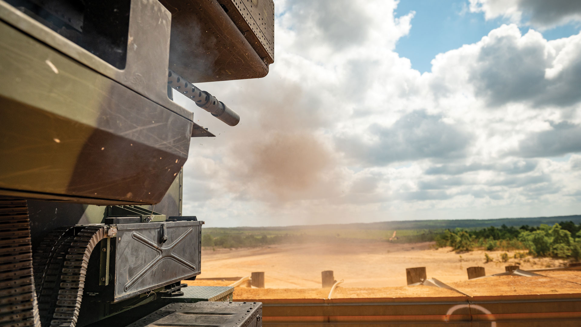 Soldiers with 2nd Battalion, 263rd Air Defense Artillery, 678th Air Defense Artillery Brigade, 263rd Army Air and Missile Defense Command, South Carolina Army National Guard, engage targets with the .50 caliber machine gun on an AN/TWQ-1 Avenger Air Defense System during a live-fire exercise 28 April 2024 at Fort Jackson, South Carolina. Soldiers worked as teams loading ammunition and shooting while enhancing weapons proficiency and teamwork
