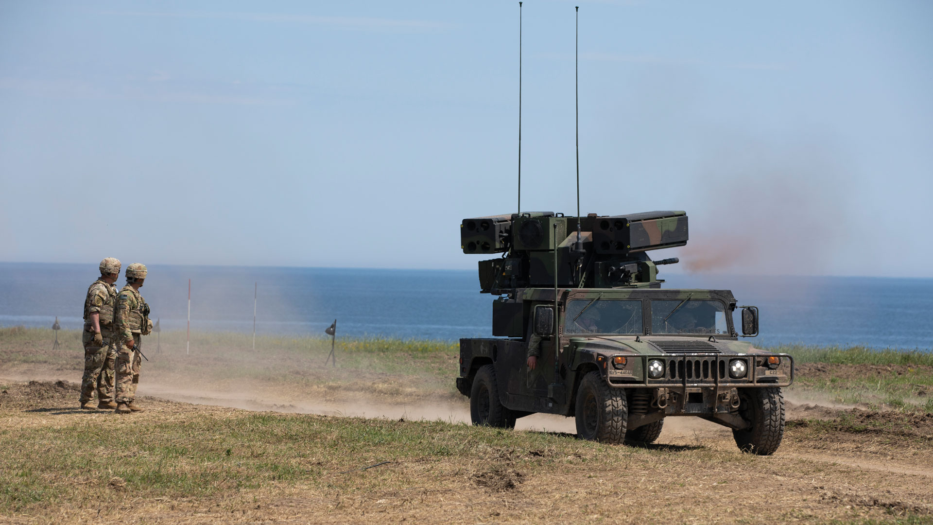 Soldiers from Charlie Battery, 5th Battalion, 4th Air Defense Artillery Regiment, 10th Army Air and Missile Defense Command, engage targets with the .50 caliber machine gun on an AN/TWQ-1 Avenger Air Defense System during a move-and-shoot live-fire exercise 8 June 2021 at Shabla Air Defense Live Fire Range, Bulgaria, in support of Saber Guardian 21