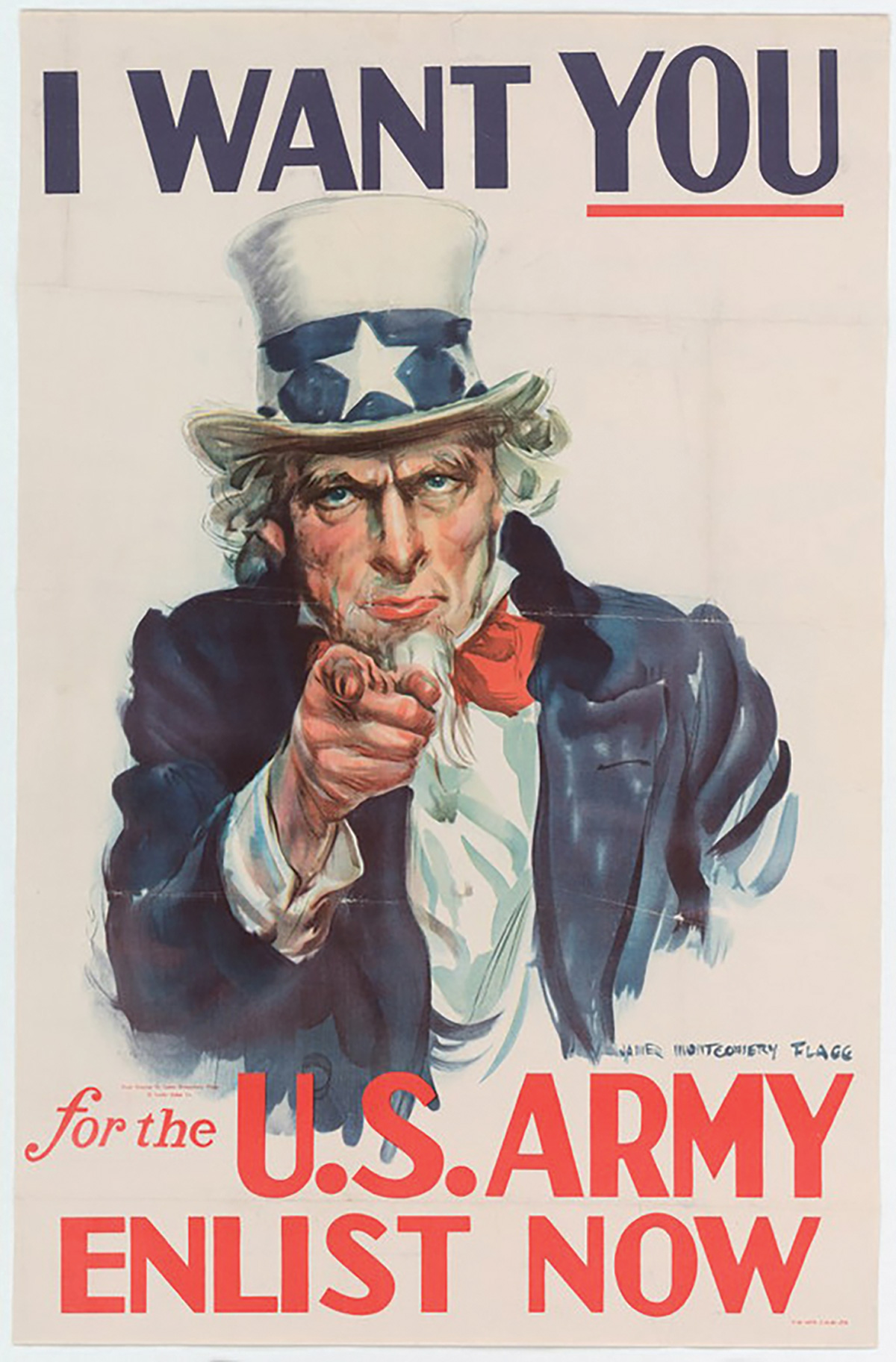 Cartaz de recrutamento para a Segunda Guerra Mundial, tentando apelar para o patriotismo, incentiva os homens a se alistarem em vez de serem convocados