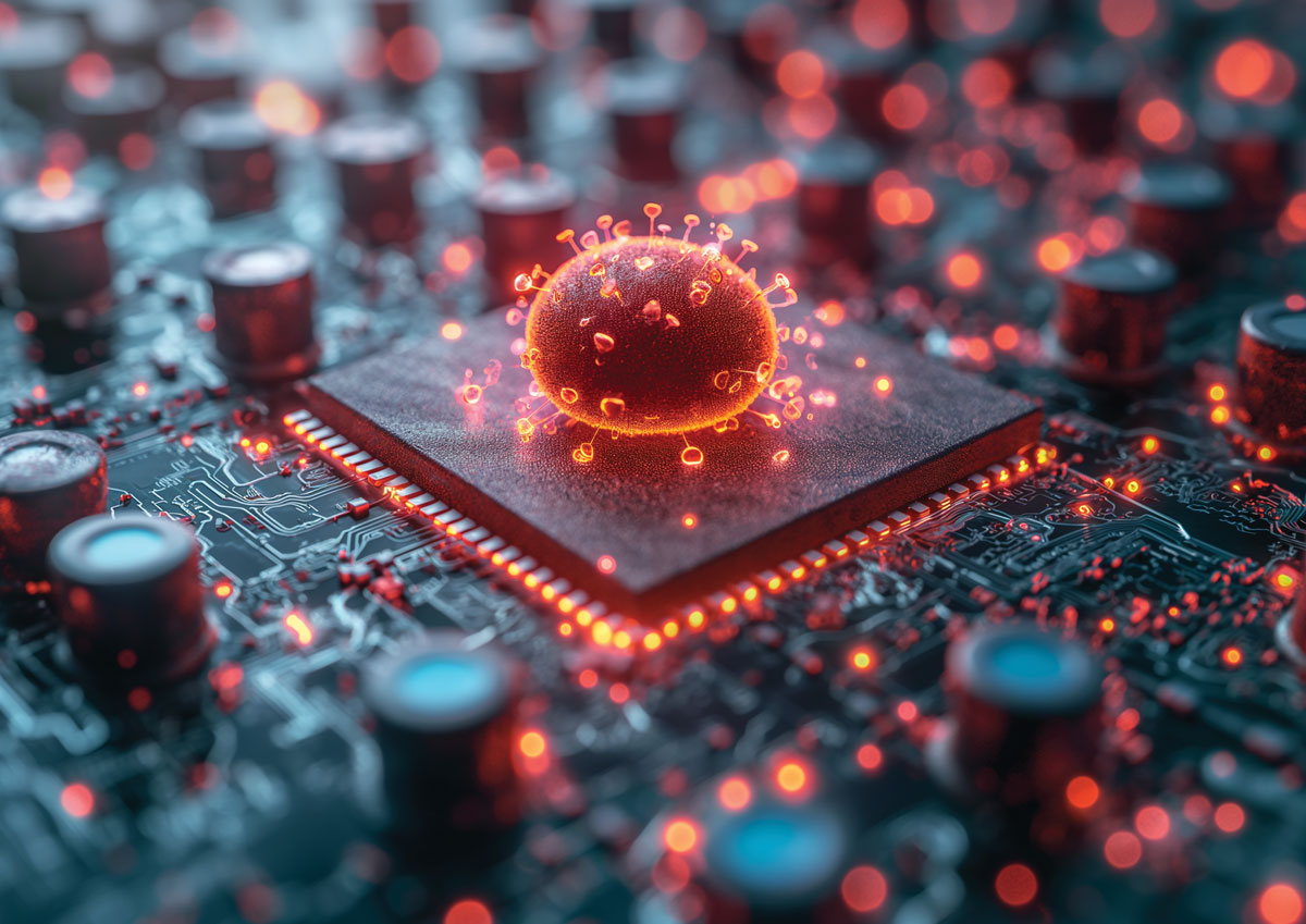 Nesta concepção artística de um biossensor, moléculas biológicas, como anticorpos e enzimas, são acopladas a um microchip eletrônico que processa dados