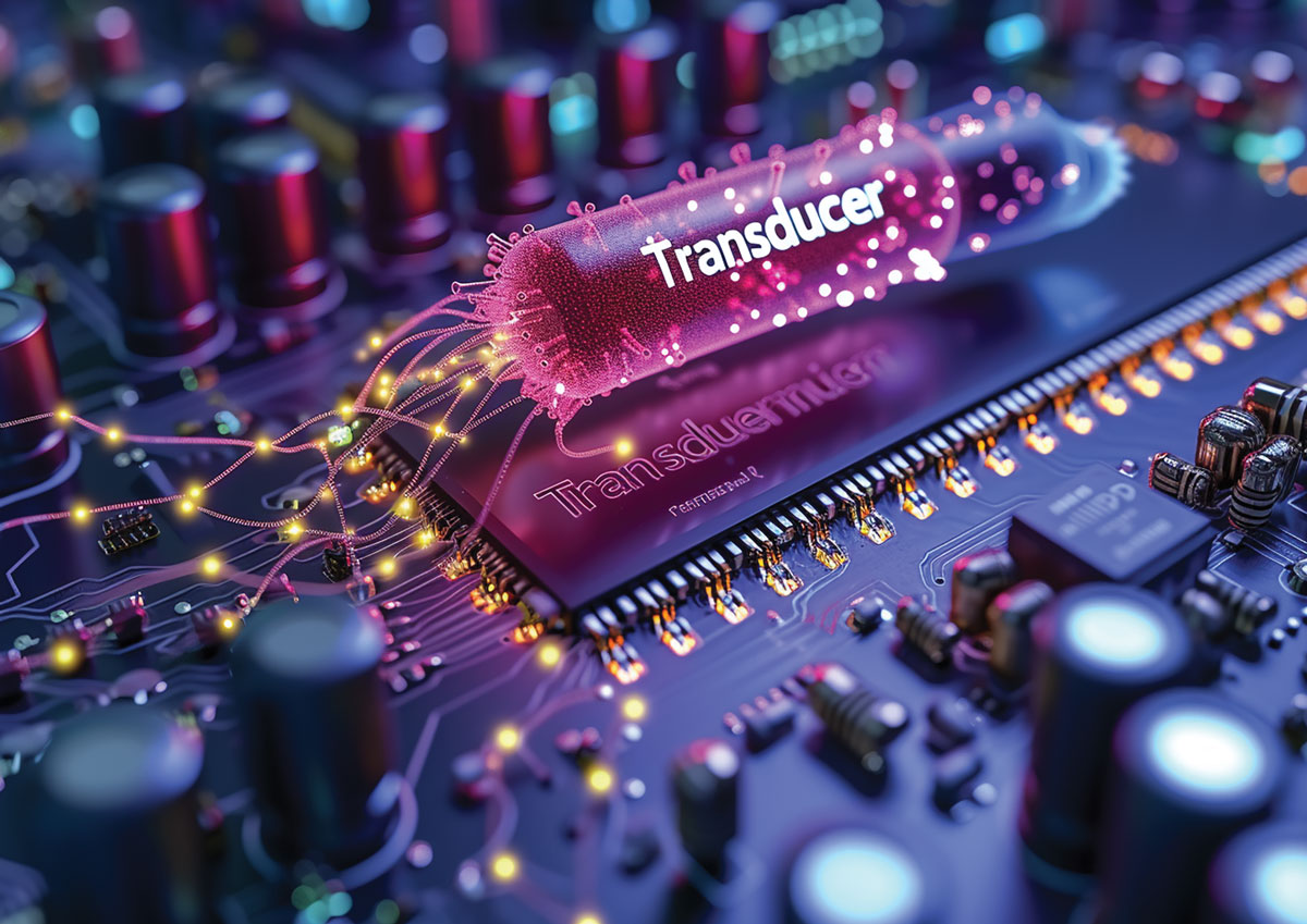 Esquema conceitual da transdução de sinais biológicos em impulsos de dados eletrônicos, que são então processados