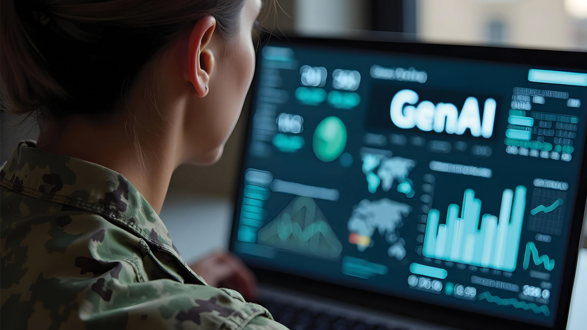 Vista parcial do rosto de uma militar diante de tela de laptop que exibe gráficos, mapas e outros dados.