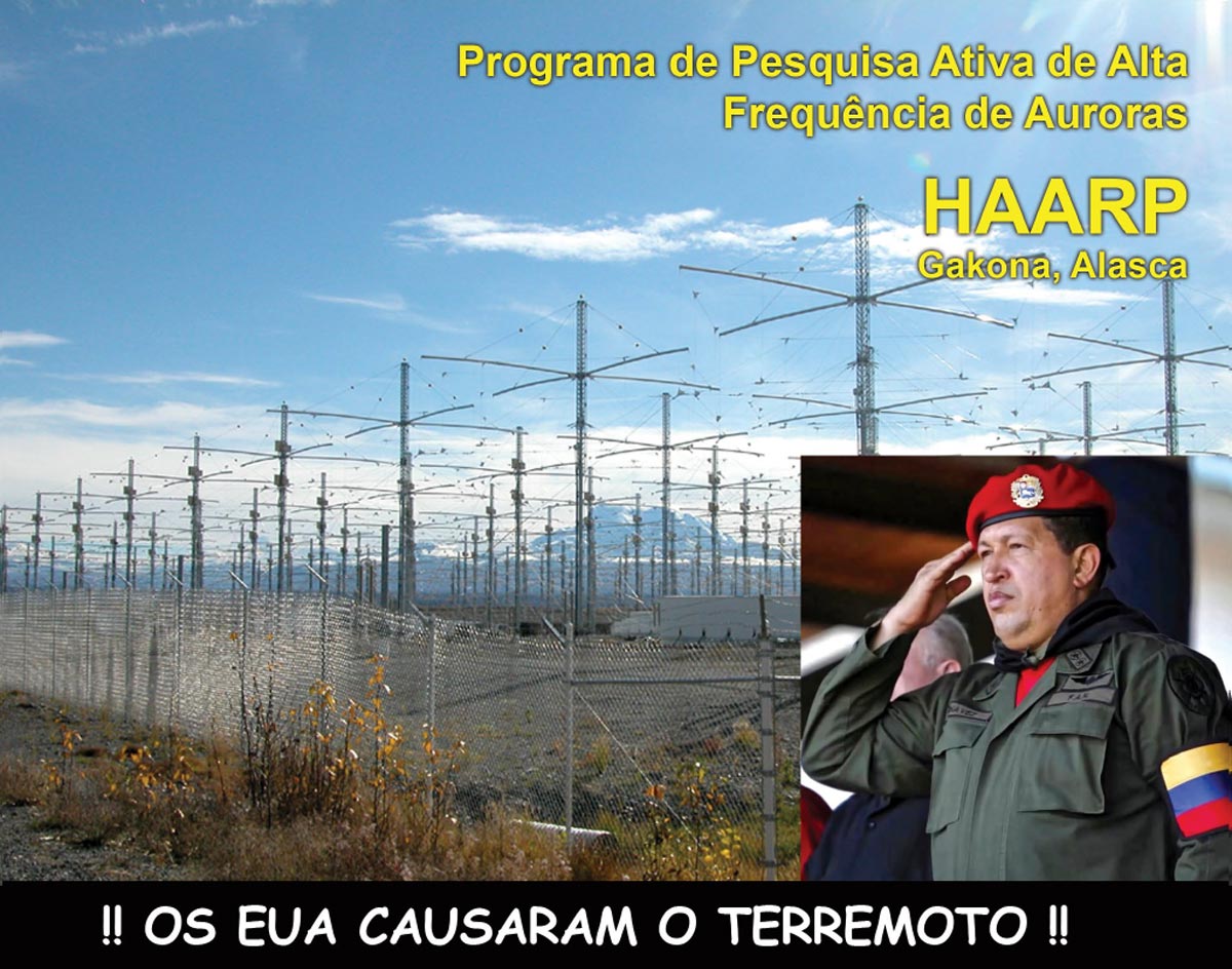 A colagem fotográfica é de uma apresentação acadêmica e mostra como Hugo Chávez culpou o programa não classificado de Pesquisa Ativa de Alta Frequência de Auroras (HAARP.