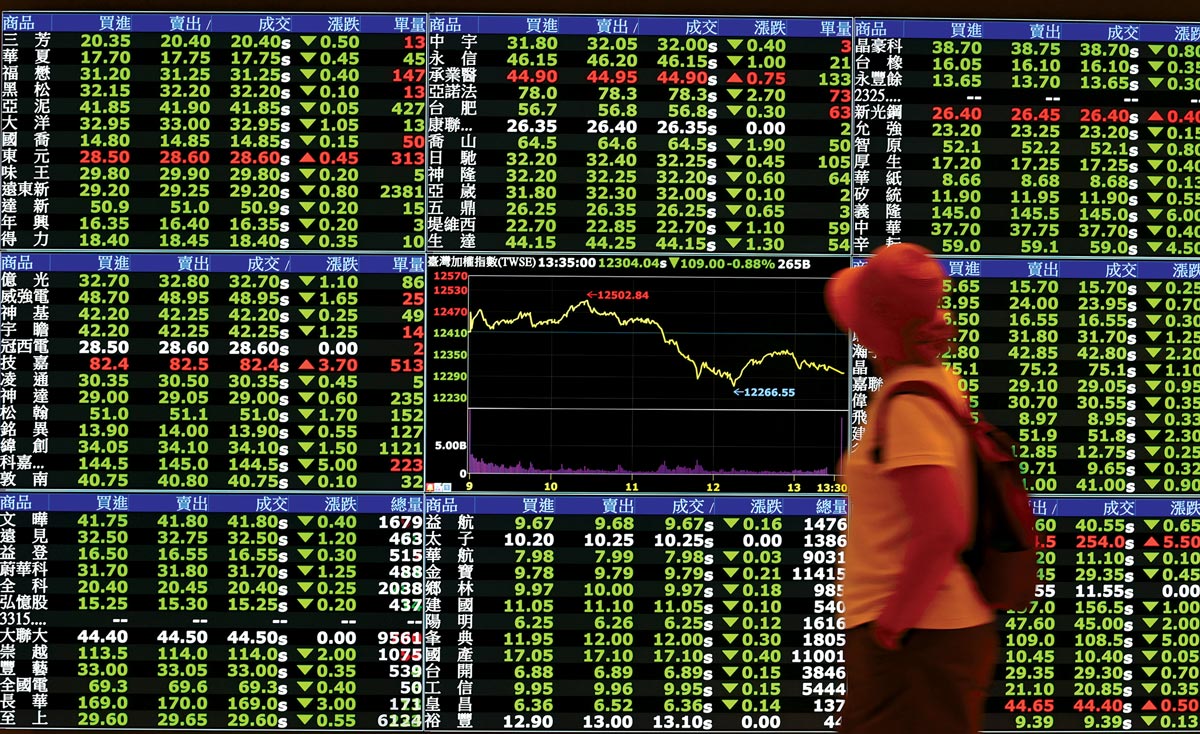 Una mujer pasa por delante de una pantalla que muestra el índice de la Bolsa de Taipei el 24 de julio de 2020.