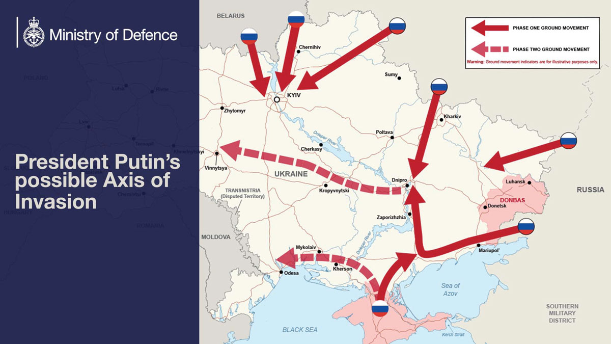 Mapa publicado por el gobierno británico en 2022 en su cuenta oficial de la red Twitter, donde mostraba el esquema de maniobra de Rusia