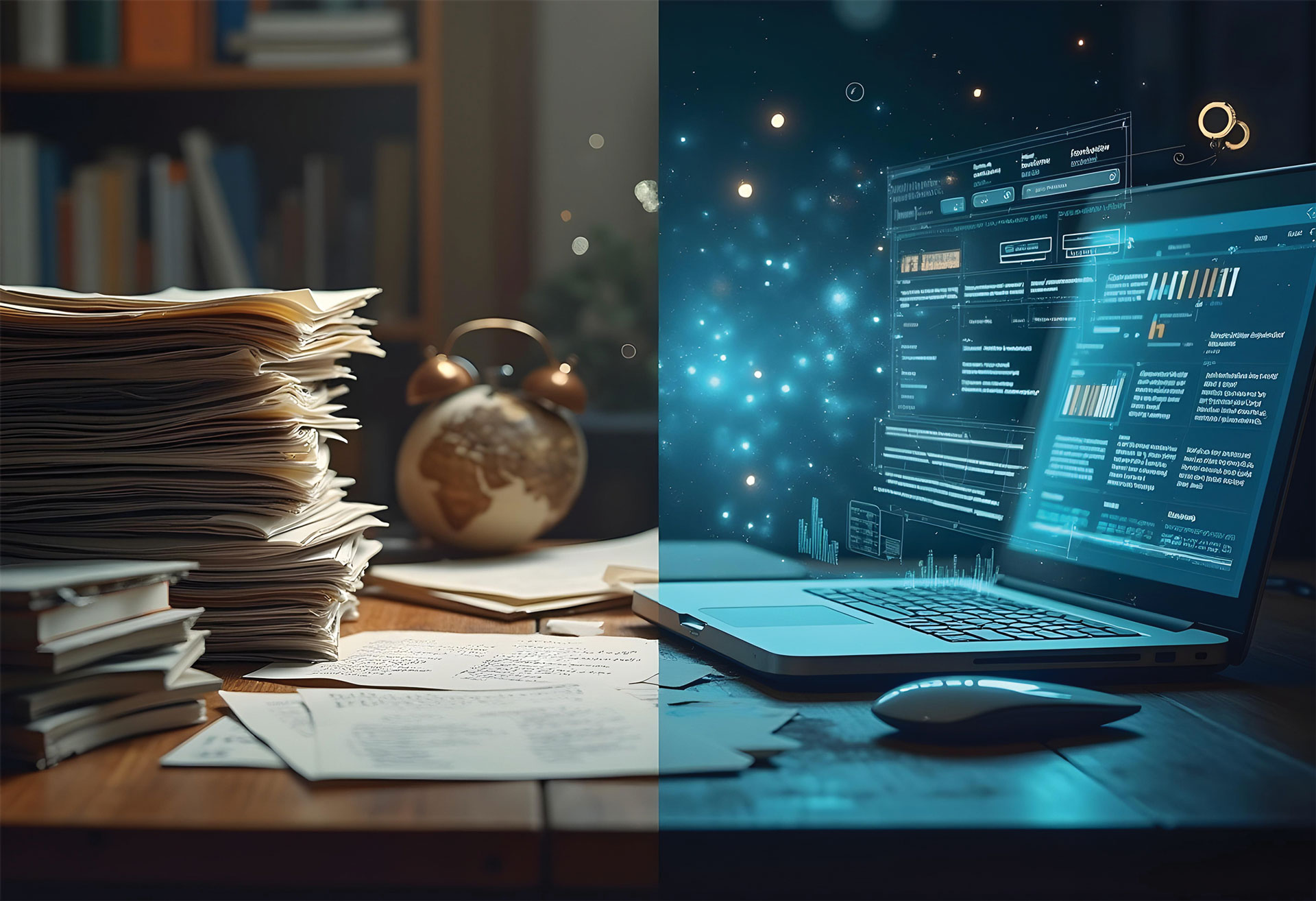 Ilustración que representa un escritorio con un cúmulo de papeles, algunos libros, papeles dispersos, un despertador, un ratón y una computadora portátil que muestra datos.