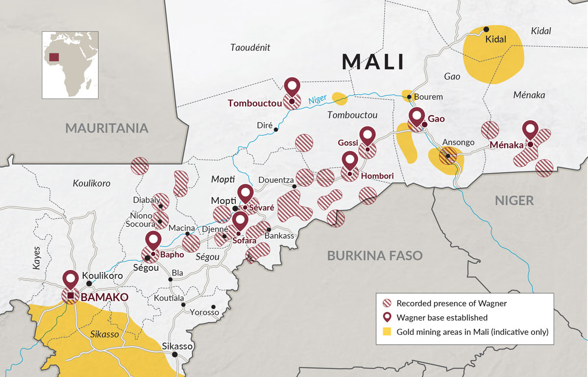 Mapa de Malí que muestra la proximidad de la presencia del Grupo Wagner, sus bases y la extracción de oro en el país.
