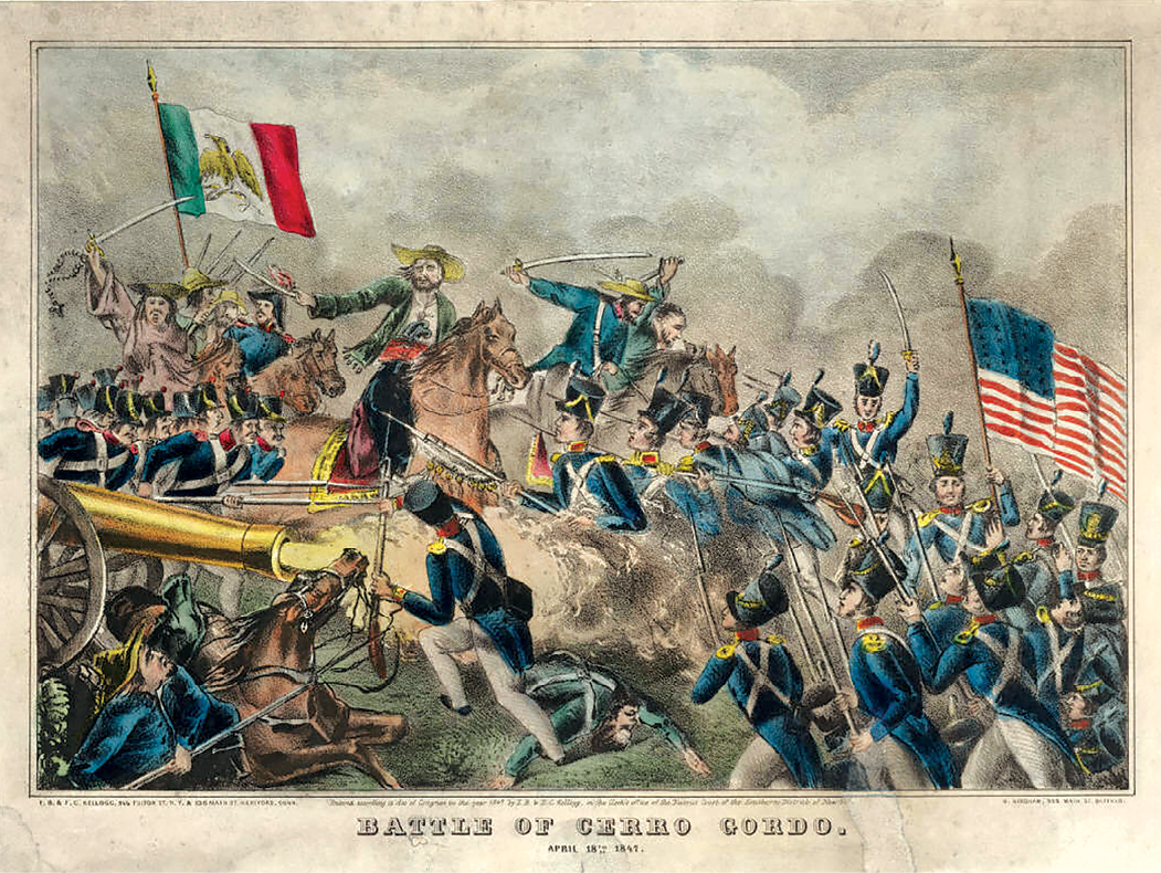 Battle of Cerro Gordo (1847), hand-colored lithograph, E. B. and E. C. Kellogg, New York and Hartford. The engagement was a key battle in a campaign that aimed at capturing Mexico City, the capital of Mexico. Many junior officers of the U.S. force participating in the battle would later gain prominence as senior commanders in the U.S. Civil War; among these, Capt. Robert E. Lee.  (Image courtesy of Wikimedia Commons) 