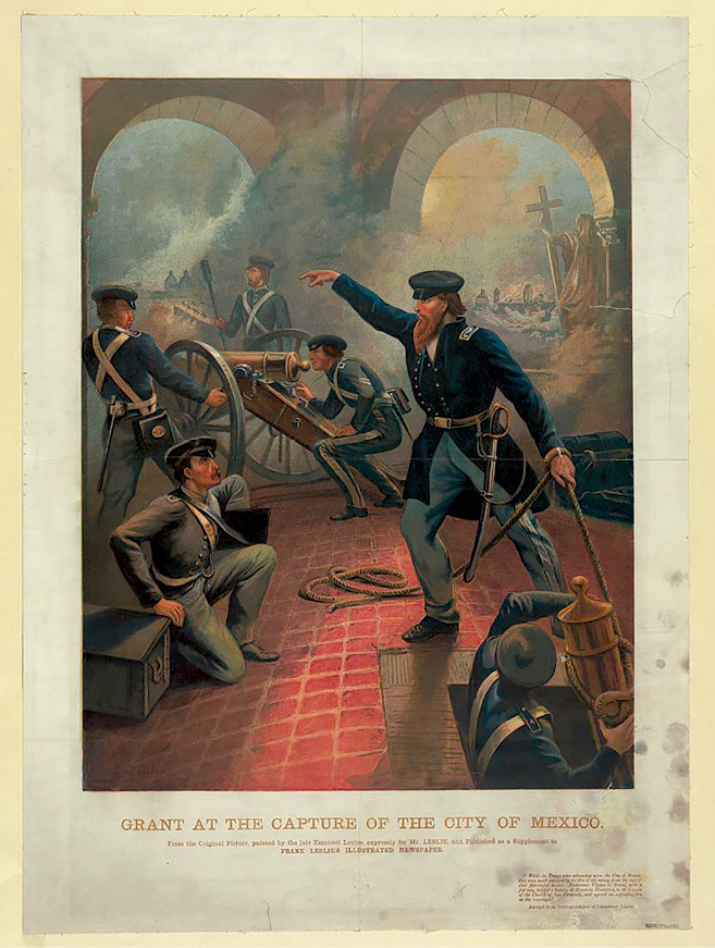 Grant at the Capture of the City of Mexico (1860–1870), painting, by Emanuel Leutze (artist) and printed in Frank Leslie’s Illustrated Newspaper. The painting depicts future Union general Capt. Ulysses S. Grant leading a contingent of U.S. soldiers to position a cannon inside a church tower that targeted the San Cosme Gate leading into Mexico City during the final battle to capture the capital. Fire from the cannon helped clear the way for Maj. Gen. William J. Worth’s 1st Division to enter the city. Lt. George E. Pickett and Maj. James Longstreet (future Confederate States’ generals) also participated in the battle. (Image courtesy of Wikimedia Commons) 