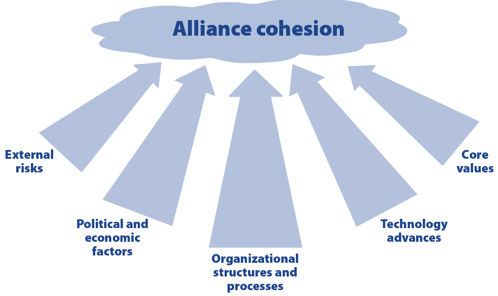 Figure 1. Five Factors Affecting Alliance Cohesion (Graphic by authors)