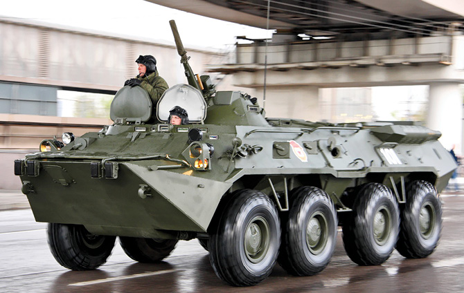 Below: A BTR-80 armored personnel carrier participates in the Victory Day Parade 3 May 2011 in Moscow. (Photo by Vitaly Kuzmin, www.vitalykuzmin.net)