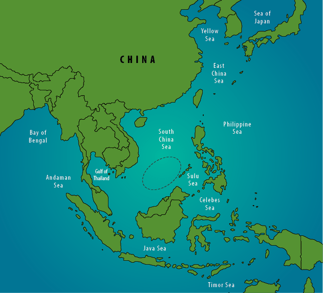 Figure 1. Area of Chinese Constructed Reef Islands and Surrounding Seas (Graphic by Arin Burgess, Military Review)
