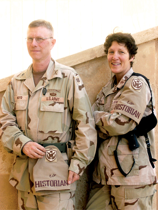 Lt. Col. John Boyd (<em>left</em>), Capt. Lora Neal, and two other historians visited the 42nd Infantry Division troops in north-central Iraq in 2005 to help document the war.