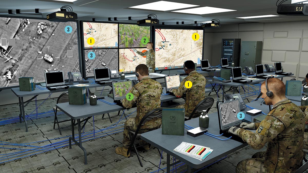 The digital viewer application, or DVA, provides the Army with a software-based video switching solution and allows command post personnel to connect to the local area network to share all or part of their display with other individuals or on the larger command post display system. (Photo simulation courtesy of the U.S. Army)