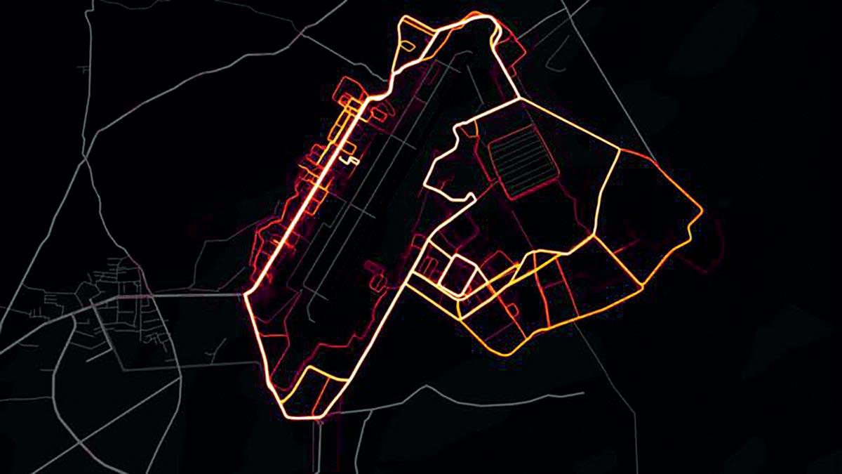 A 2018 heat map showing the movement of soldiers based on location data collected from the Strava fitness application at Bagram Air Base in Afghanistan (Screenshot courtesy of Strava Labs)