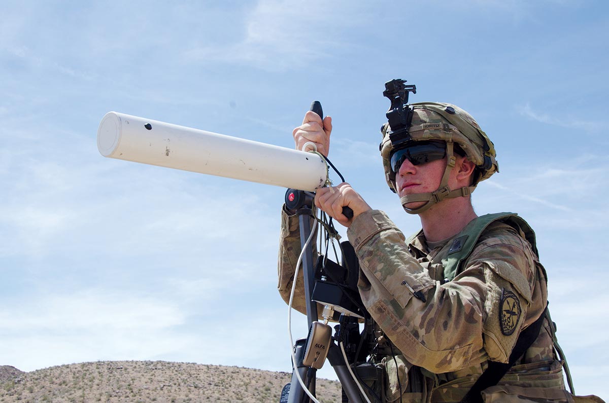 Spc. Nathaniel Ortiz, Expeditionary Cyber Electromagnetic Activities (CEMA) Team, 781st Military Intelligence Battalion, conducts cyberspace operations 9 May 2017 at the National Training Center, Fort Irwin, California.