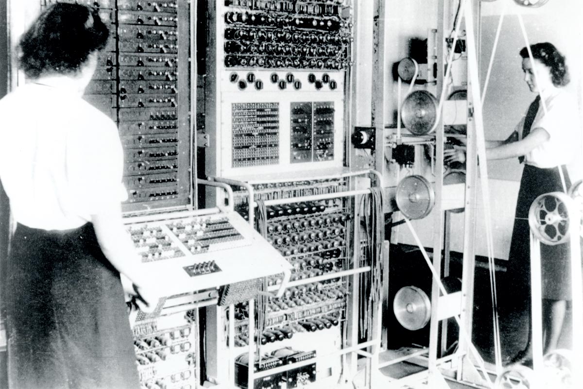 A Colossus Mark 2 codebreaking computer being operated by Dorothy Du Boisson (left) and Elsie Booker in 1943 at Bletchley Park, Buckingham- shire, England. (Photo courtesy of the United Kingdom National Archives) 