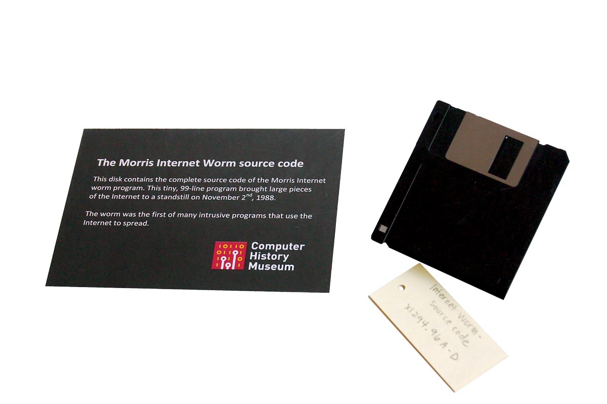 A computer disk containing the Morris Internet Worm source code now found at the Computer History Museum in Mountain View, California.