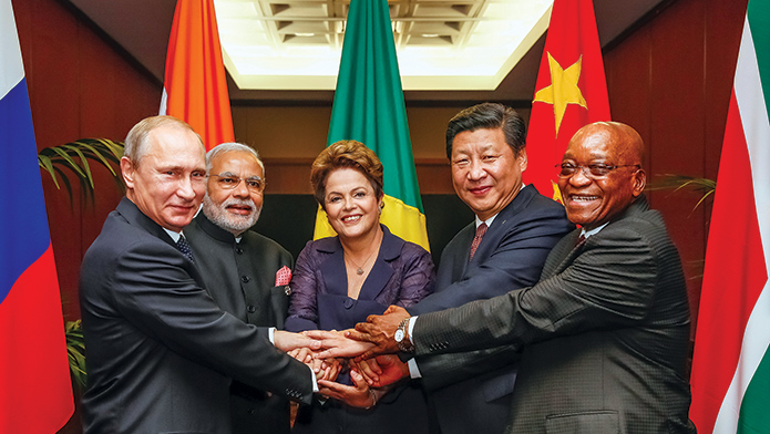 BRICS leaders (<em>from left to right</em>) Vladimir Putin, Narendra Modi, Dilma Rousseff, Xi Jinping, and Jacob Zuma.