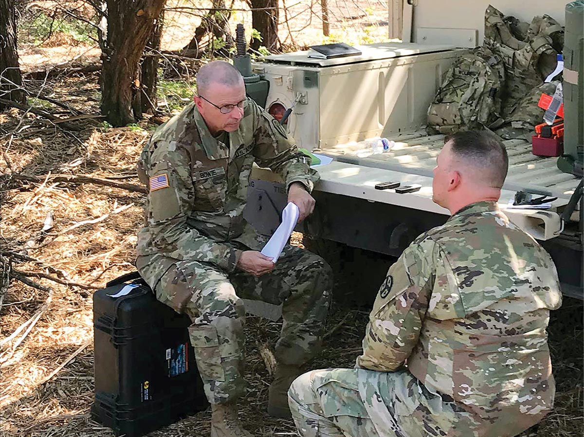 Sgt. 1st Class James Bowie of the 138th Military History Detachment (MHD) conducts a field oral history interview with a member of 3rd Squadron, 278th Armored Cavalry Regiment, 9 April 2019 as part of an external evaluation of their training at Fort Hood, Texas.