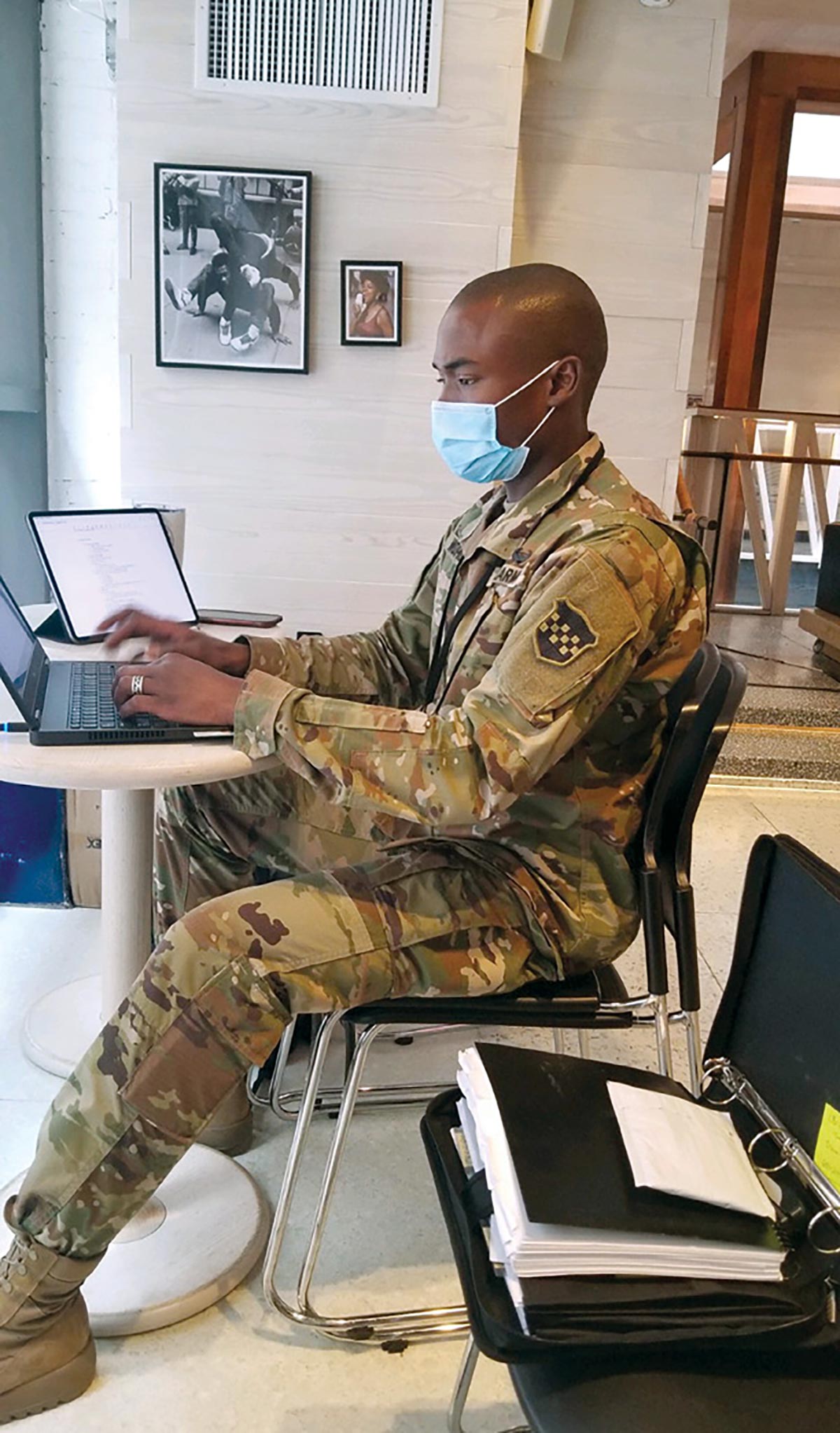 Capt. Julian Woodhouse, officer in charge of the 315th Military History Detachment, reports on COVID-19 operations supporting the Department of Defense’s Task Force New York 22 April 2020 from one of the primary operations centers, the Moxy Hotel in Times Square.