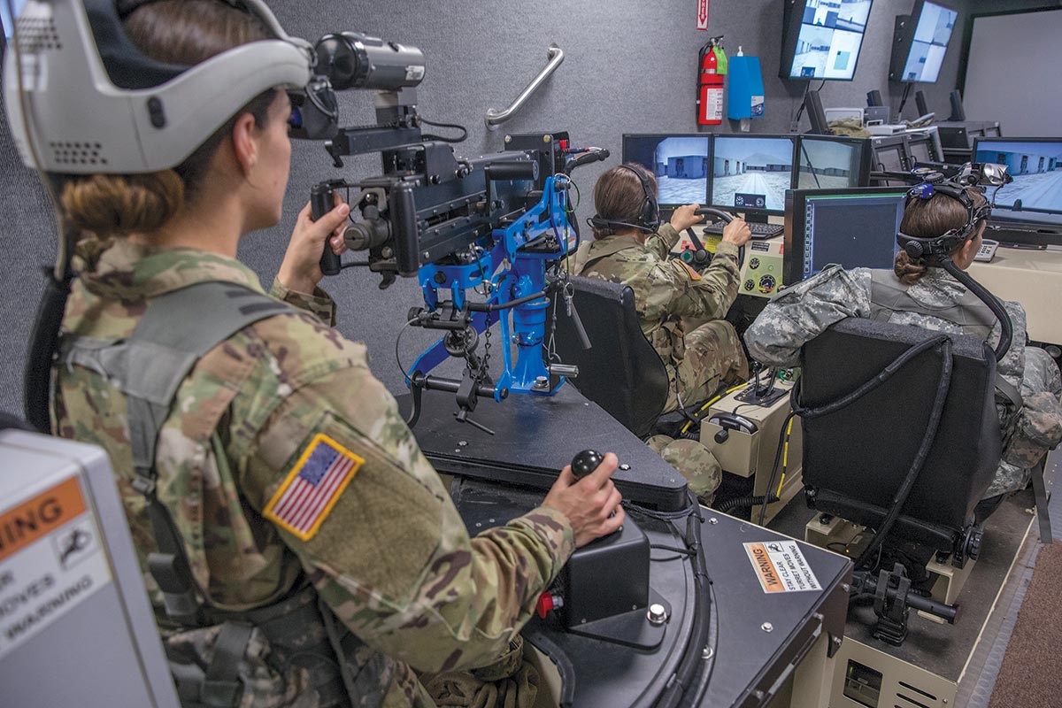 Soldiers with the 730th Area Support Medical Company of the South Dakota Army National Guard conduct virtual convoy operations training 14 June 2018 during Exercise Golden Coyote at Camp Rapid, South Dakota.