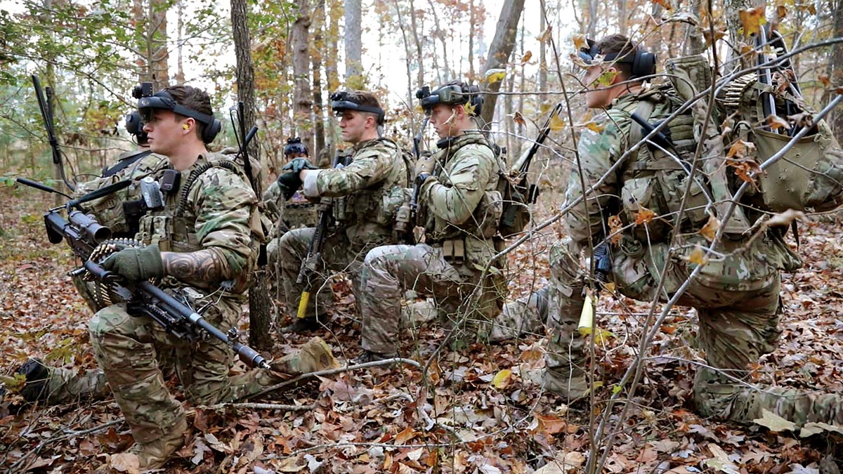 Soldiers don the Integrated Visual Augmentation System Capability Set 2 Heads-Up Display 20 November 2019 during Soldier Touchpoint 2 testing at Fort Pickett, Virginia.