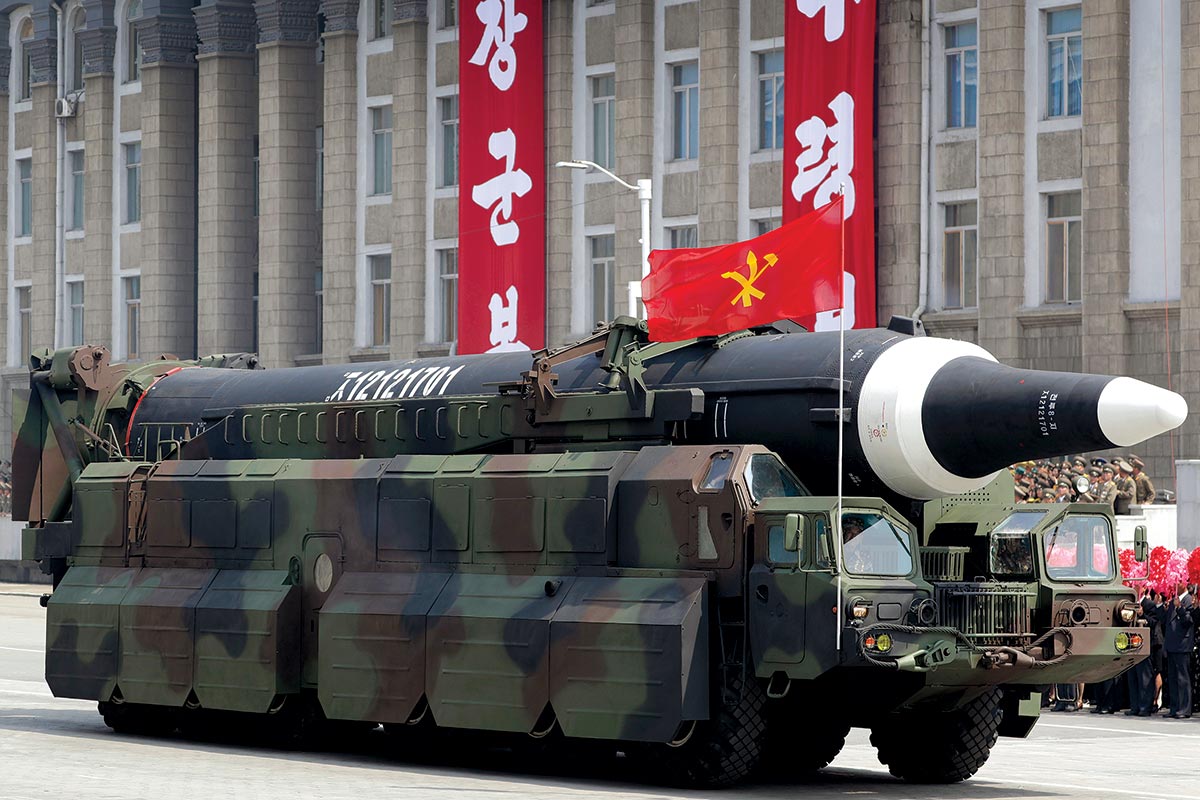 A missile that analysts believe could be the North Korean Hwasong-12 is paraded across Kim Il Sung Square 15 April 2017 in Pyongyang, North Korea.