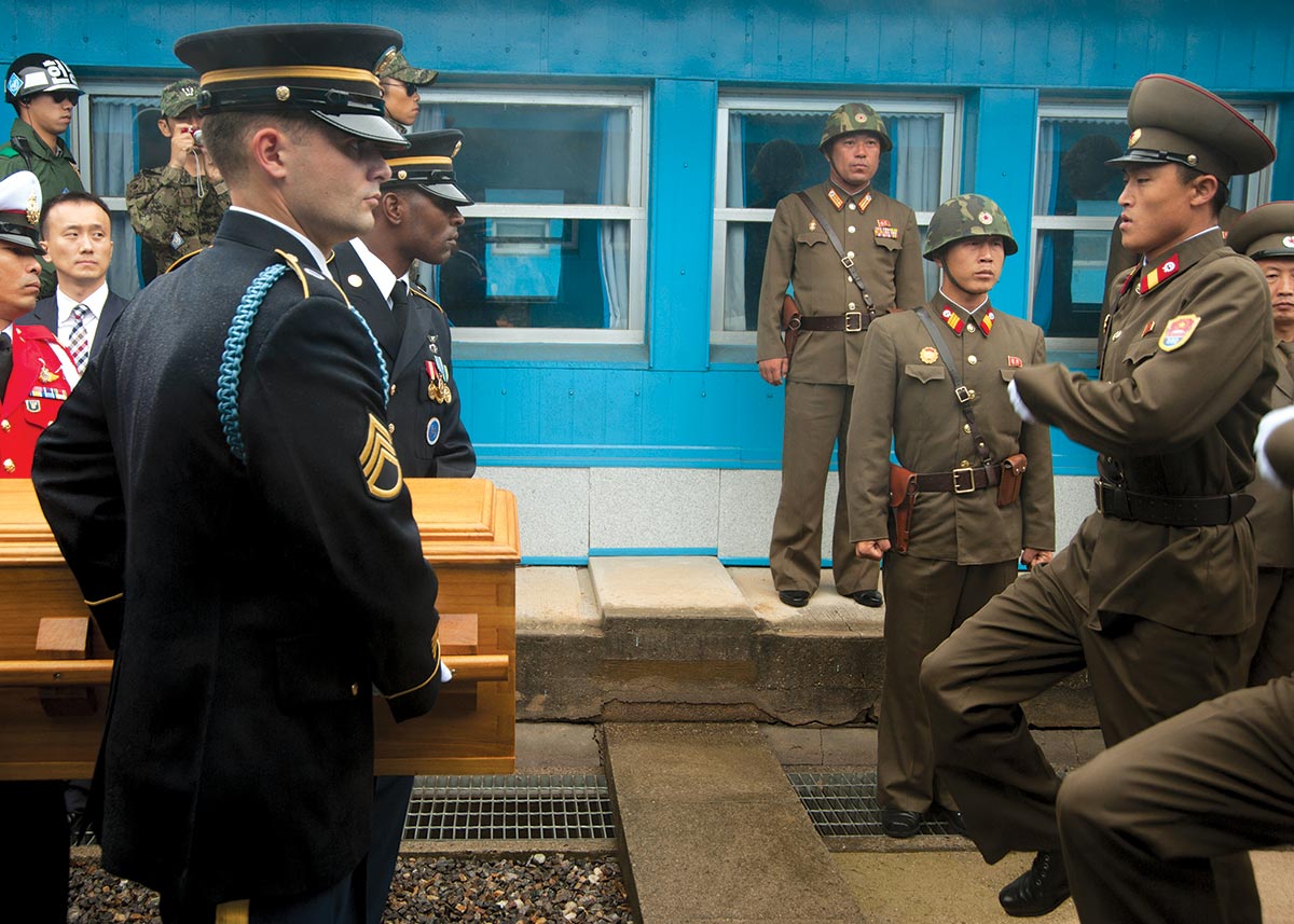 The United Nations Command Military Armistice Commission and the North Korean People’s Army Mission to Panmunjom conduct a joint repatriation ceremony of a deceased North Korean soldier 11 September 2013 in the Military Armistice Commission Headquarters Area of the Korean Demilitarized Zone.