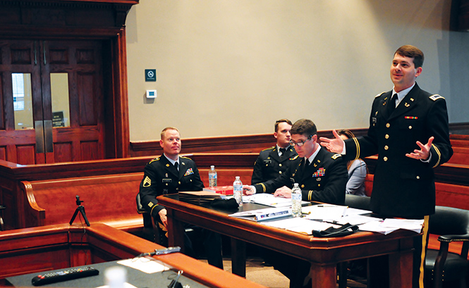 The Trial Defense Service provides counsel for the accused 7 August 2018 during the 167th Theater Sustainment Command’s fourth annual mock court-martial at the Calhoun County Courthouse in Anniston, Alabama. (Photo by Staff Sgt. Katherine Dowd, Army National Guard)